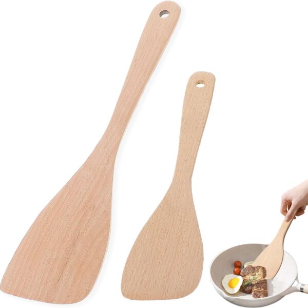 Wooden Spatula for Cooking, 13" Long Handle Flat Wood Spatulas  for Non Stick Cookware with 8.8’’ Uncoated Spurtle for Frying Mixing Kitchen Utensil Set 2 PCS